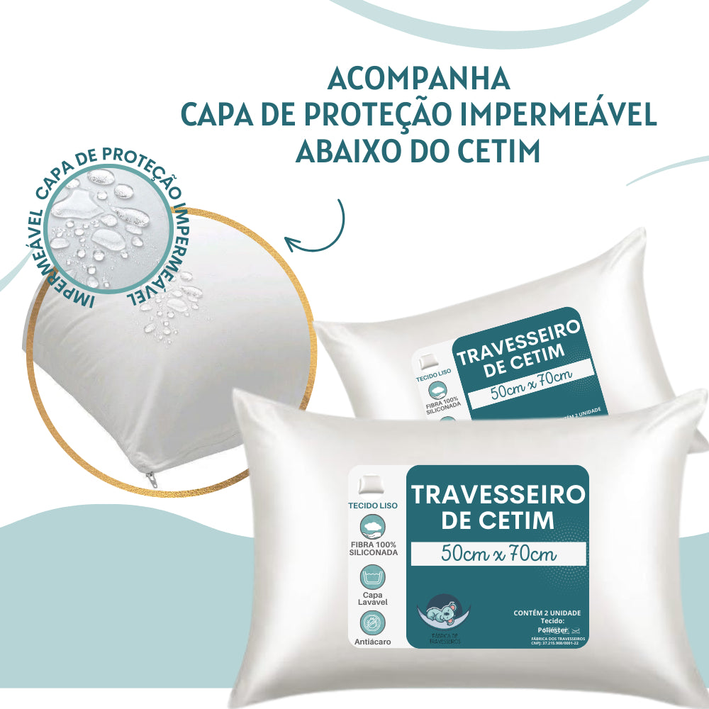 Kit 2 Travesseiro De Cetim De Seda Antifrizz 50x70 com enchimento e fronha impermeavel com ziper