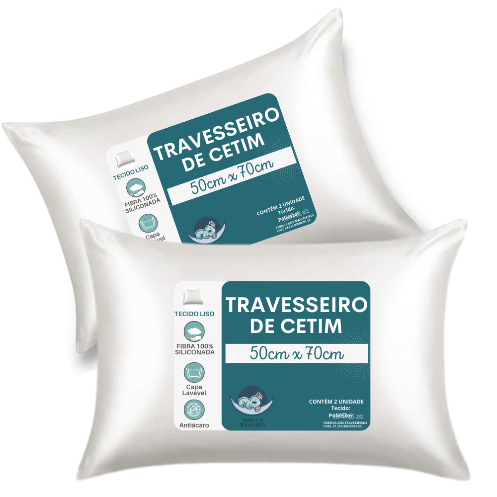 Kit 2 Travesseiro De Cetim De Seda Antifrizz 50x70 com enchimento e fronha impermeavel com ziper